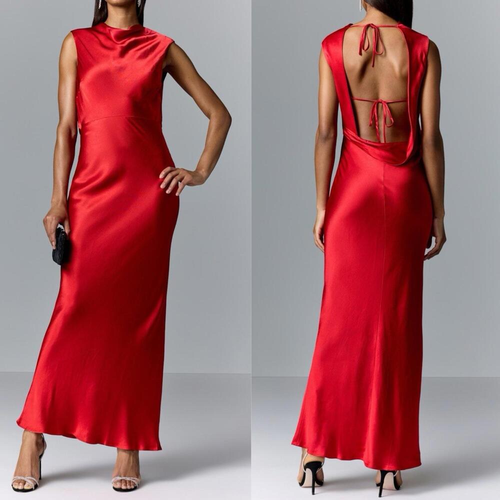$340 Shona Joy High Neck Red Satin Tatum Cowl Drape Open Back Maxi Dress- US 12